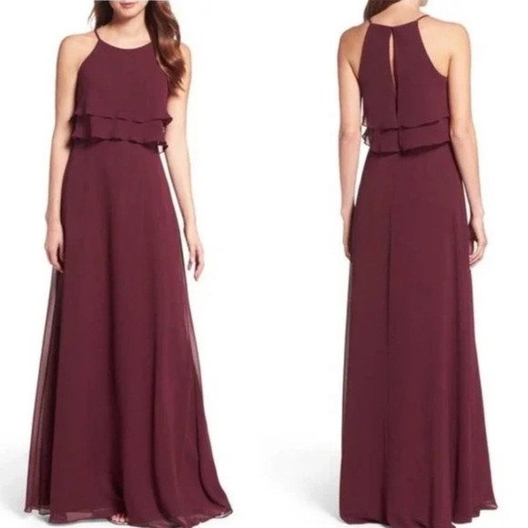 Jenny Yoo Charlie Ruffle Chiffon Gown Burgundy Size 8 - Picture 1 of 7